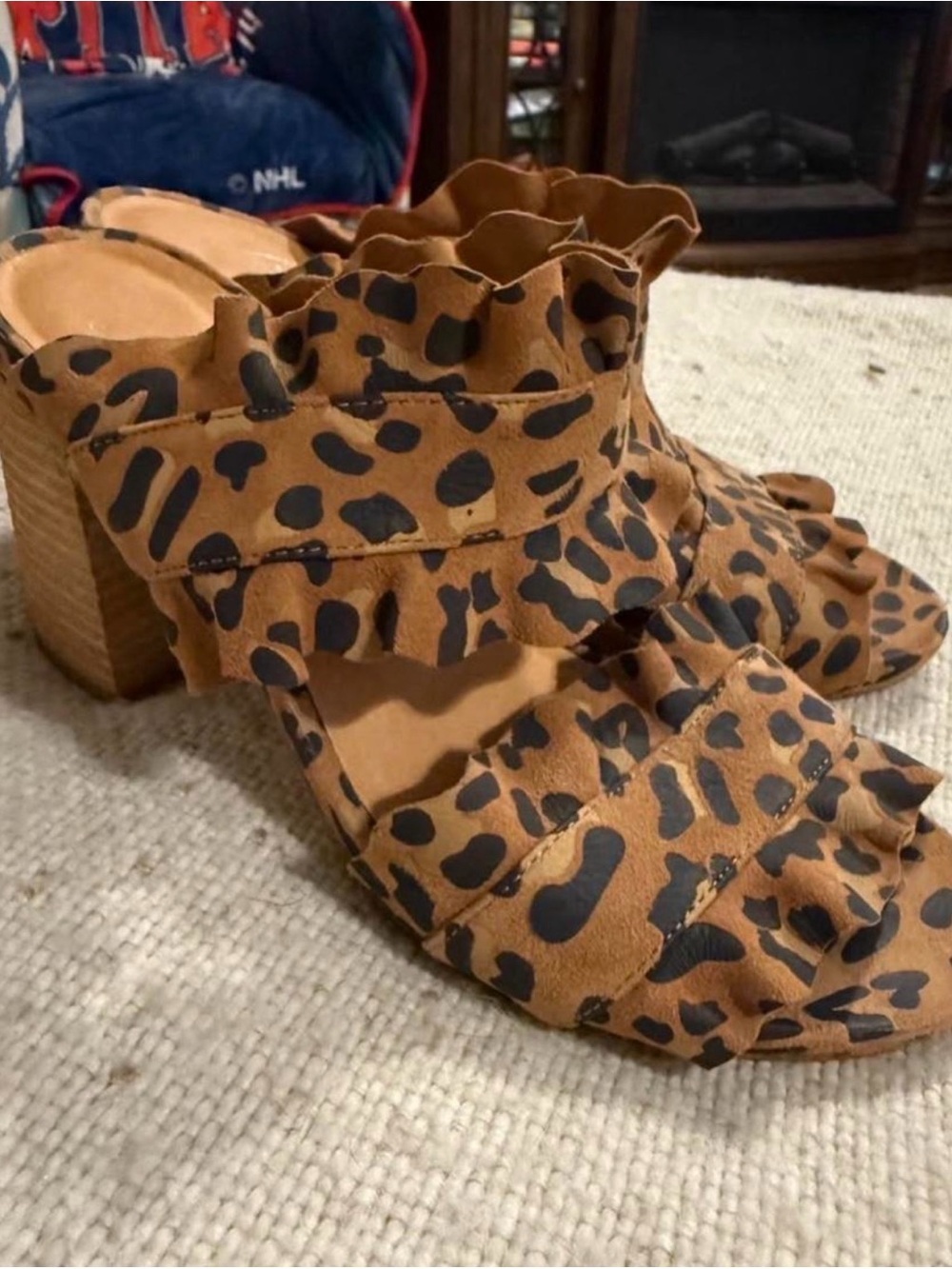 Free People Leopard Ruffle Block Heel Mules - Brown/Black